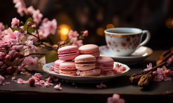 Aesthetic brunch of tea time, herbal tea and macarons dessert outside in the terrace under trendy hard shadows. Sweet desserts, natural herbal tea - natural sustainable eco-friendly lifestyle on wooden table space for text