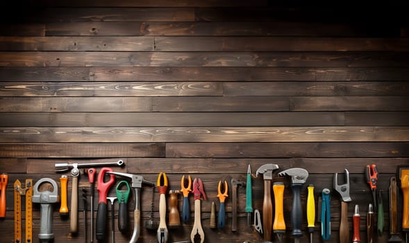 Different construction tools with Hand tools for home renovation on wooden board maintenance and reparing concept. Handyman tool on wooden table copy space,rapair concept space for text