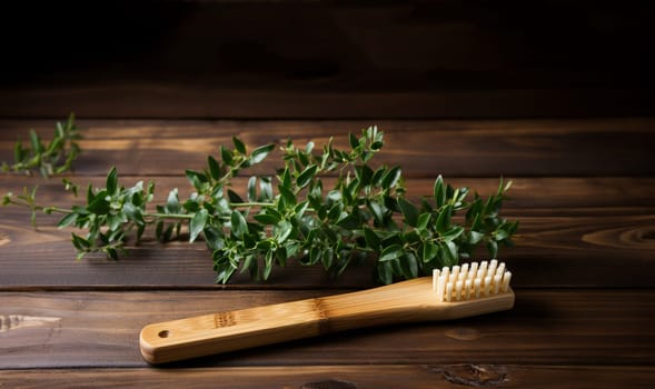 Eco-friendly bamboo toothbrushes and eucalyptus leaf on green background. Natural organic bathroom beauty product concept. Flat lay, top view, copy space. Natural bamboo toothbrush green background space for text