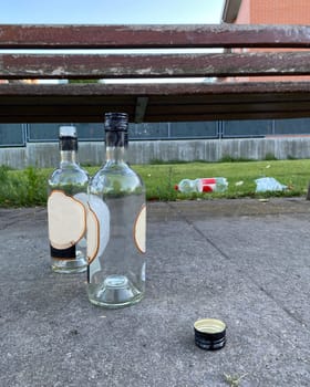 Empty bottles of liquor and trash are left on the ground in the park after a night of partying.
