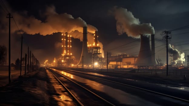 a large factory with smoke and city lights at night, generative AI
