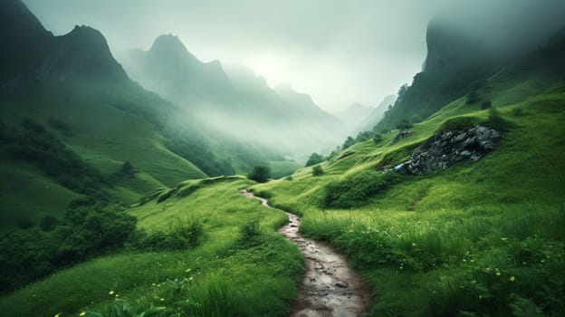 Landscape photography beautiful mountains valleys, in the style of romantic soft focus and ethereal light, generative AI