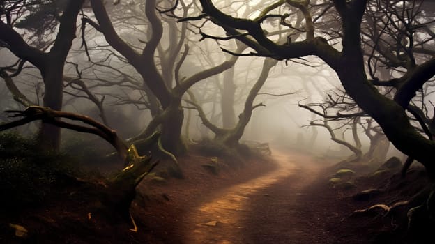 Path through misty foggy forest, generative AI, AI generated