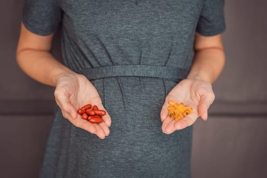 A happy and expectant mother holding omega 3 capsules, making a smart choice for her and her baby's health during pregnancy.