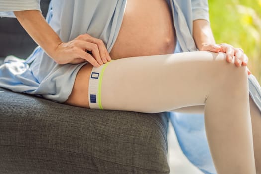 A content and comfortable pregnant woman wearing compression stockings, ensuring better leg health and support during her pregnancy journey.