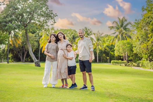 A loving family enjoying a leisurely walk in the park - a radiant pregnant woman after 40, embraced by her husband, and accompanied by their adult teenage children, savoring precious moments together amidst nature's beauty. Pregnancy after 40 concept.