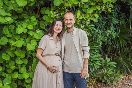 A blissful scene in the park as a radiant pregnant woman after 40 and her loving husband after 40, cherish the joy of parenthood together, surrounded by nature's serenity.