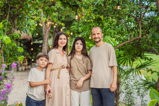 A loving family enjoying a leisurely walk in the park - a radiant pregnant woman after 40, embraced by her husband, and accompanied by their adult teenage children, savoring precious moments together amidst nature's beauty. Pregnancy after 40 concept.