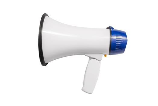 Electronic megaphone on white background. Loud-speaking device. Blue white megaphone.