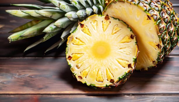 Top view of fresh cut pineapple with tropical leaves on gray table background.