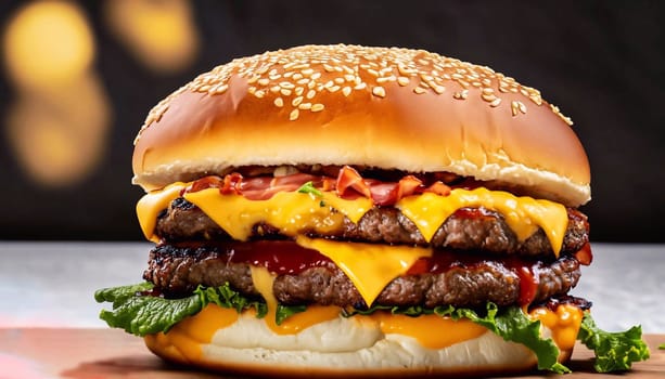 A closeup shot of a delicious burger with beef, yellow cheese, and bacon