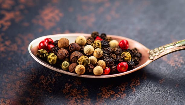 Macro shot of black, green, white and red peppercorn mix in a wooden spoon on a dark stone kitchen board. Shallow depth of field