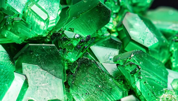 Glare sharp birthstone stack glisten depth fond of shiny vibrant dense irish mint malachite color lit by jade bio vert glow. Closeup view with space for text on ice refraction sparkle carbon ore heap