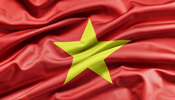 Flag of Vietnam with texture. Vietnam flag with pleats with visible satin texture