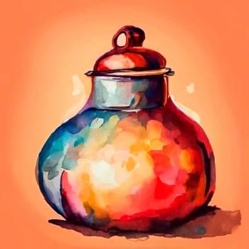 A bright watercolor still-life painting with a jar on a background of draperies. Watercolor illustrartion.