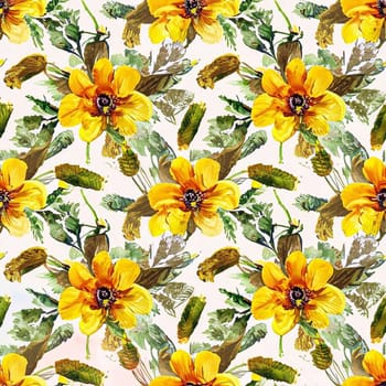 Watercolor hand drawn seamless pattern with spring tender flowers - yellow mimosa on the white background