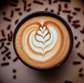 Beautiful foam design on a cappuccino in a white cup on a wooden table