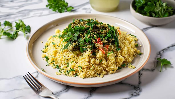 Pan-fried shrimp and blend of couscous, orzo, garbanzo beans, and red quinoa served with green peas and green onion close up on a plate on white background