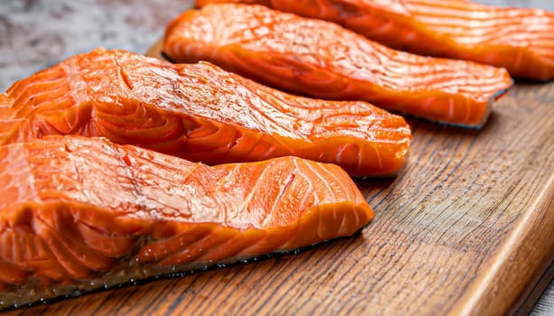 Grilled salmon steaks with ingredients on wooden cutting board in the kitchen
