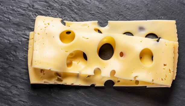 Maasdam cheese with walnut and rosemary on stone background