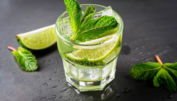 Cocktail Mojito with ice in a glass, lime, leaf mint ,shaker ice cubes and metal straw on a dark background