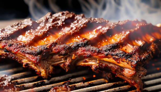 Smoked beef rib placed on a white plate with copy space and slightly dark background