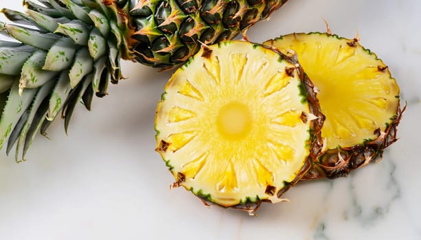 Pineapple slices on a white marble background with a copy space in the middle