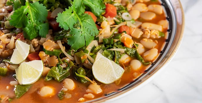 Mexican cuisine, chicken pozole served with radishes, lemons and toast, chile de árbol and oregano with a colorful Mexican background.