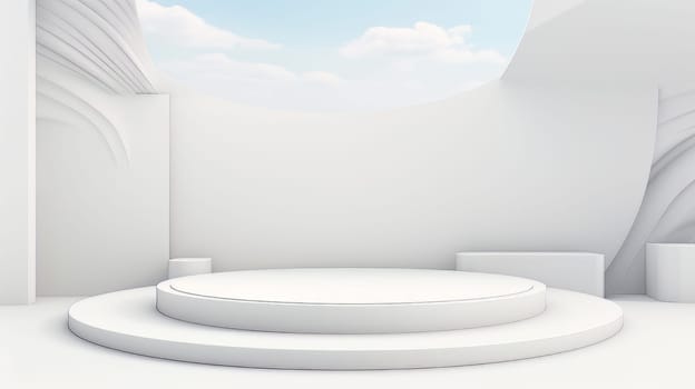 White Abstract 3D Elegant Podium Stage. Modern 3D Rendered Room with geometric shapes, cosmetic product display stage. generative AI