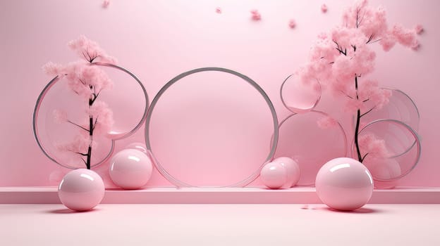 Pink Abstract 3D Elegant Podium Stage. Modern 3D Rendered Room with geometric shapes, cosmetic product display stage. generative AI