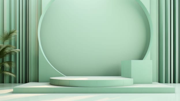 Green Abstract 3D Elegant Podium Stage. Modern 3D Rendered Room with geometric shapes, cosmetic product display stage. generative AI