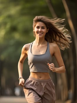 Portrait of a young beautiful woman running and exercising in a park outdoors.