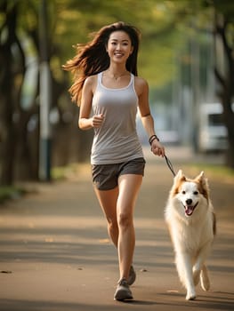 Young sporty woman running with her dog at park with happy moment at evening time.