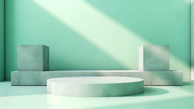 Green Abstract 3D Elegant Podium Stage. Modern 3D Rendered Room with geometric shapes, cosmetic product display stage. generative AI