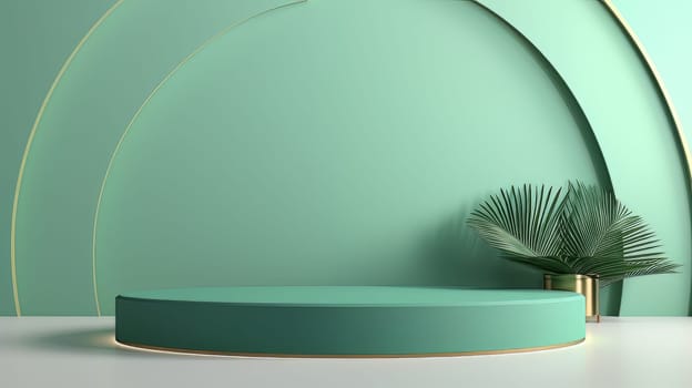 Green Abstract 3D Elegant Podium Stage. Modern 3D Rendered Room with geometric shapes, cosmetic product display stage. generative AI