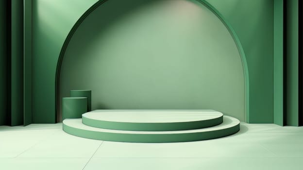 Green Abstract 3D Elegant Podium Stage. Modern 3D Rendered Room with geometric shapes, cosmetic product display stage. generative AI