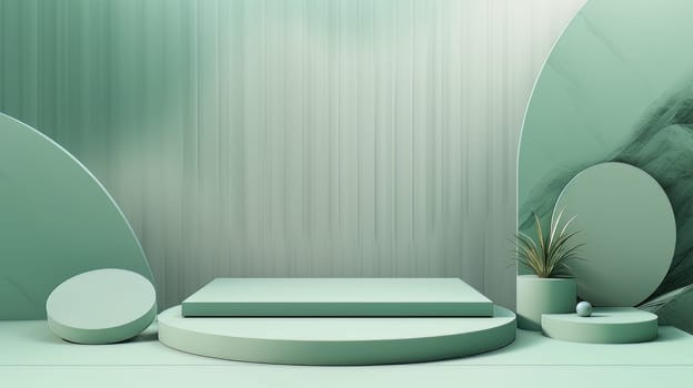 Green Abstract 3D Elegant Podium Stage. Modern 3D Rendered Room with geometric shapes, cosmetic product display stage. generative AI