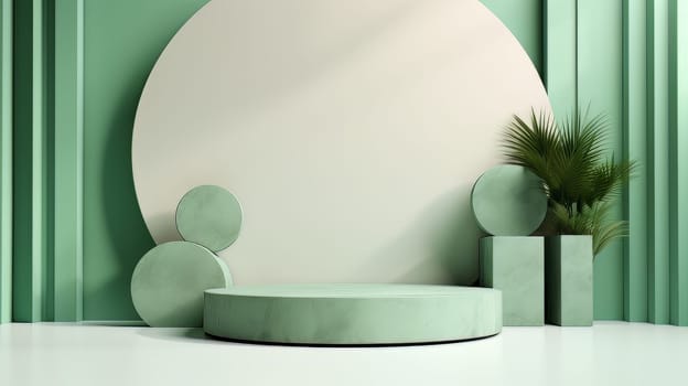 Green Abstract 3D Elegant Podium Stage. Modern 3D Rendered Room with geometric shapes, cosmetic product display stage. generative AI