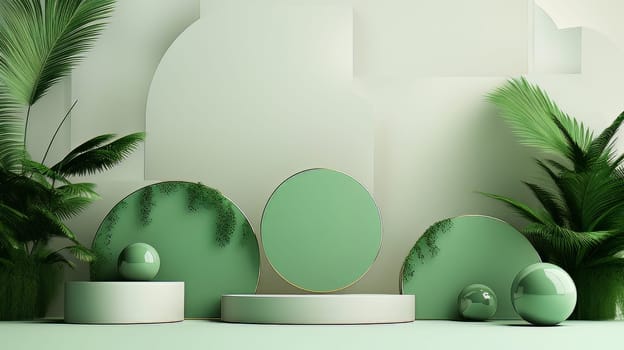 Green Abstract 3D Elegant Podium Stage. Modern 3D Rendered Room with geometric shapes, cosmetic product display stage. generative AI