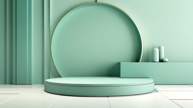 Green Abstract 3D Elegant Podium Stage. Modern 3D Rendered Room with geometric shapes, cosmetic product display stage. generative AI