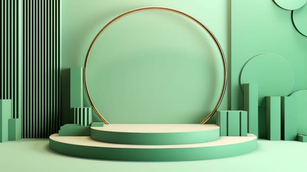 Green Abstract 3D Elegant Podium Stage. Modern 3D Rendered Room with geometric shapes, cosmetic product display stage. generative AI