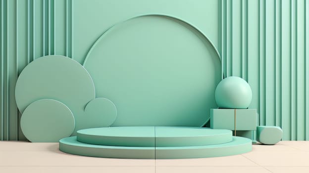 Green Abstract 3D Elegant Podium Stage. Modern 3D Rendered Room with geometric shapes, cosmetic product display stage. generative AI