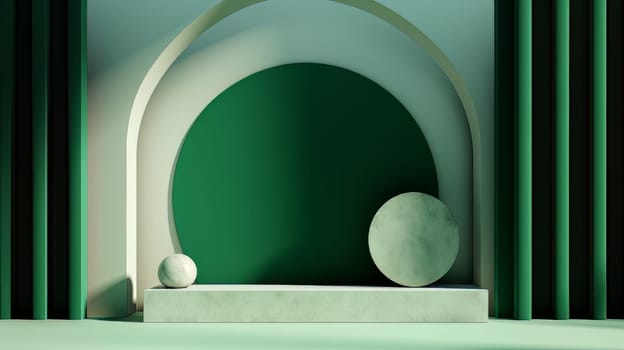 Green Abstract 3D Elegant Podium Stage. Modern 3D Rendered Room with geometric shapes, cosmetic product display stage. generative AI