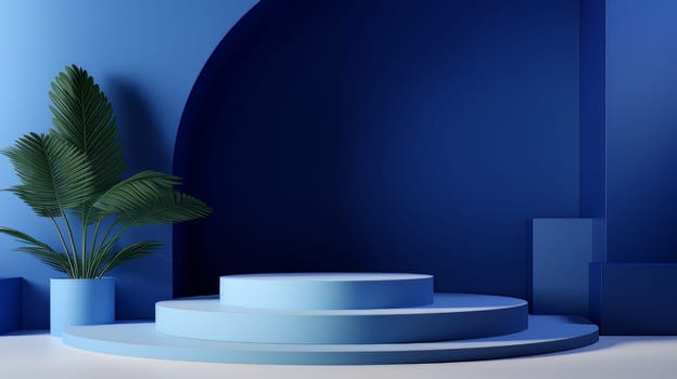 Blue Abstract 3D Elegant Podium Stage. Modern 3D Rendered Room with geometric shapes, cosmetic product display stage. generative AI