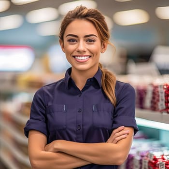 Portrait of a happy girl seller in a store. High quality photo