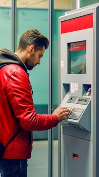 A man buys a ticket for a trip from a machine. High quality photo