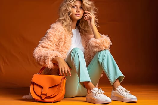 Fashionable girl posing sitting on the floor in the studio in fashionable clothes with a handbag. High quality photo