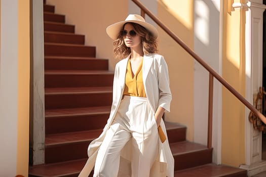 A beautiful girl in a snow-white trouser suit, a yellow blouse and a white hat walks around the city. High quality photo