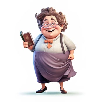 Illustration of a cheerful, adult, fat primary school teacher. The concept of school education