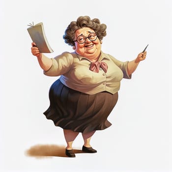 Illustration of a cheerful, adult, fat primary school teacher. The concept of school education